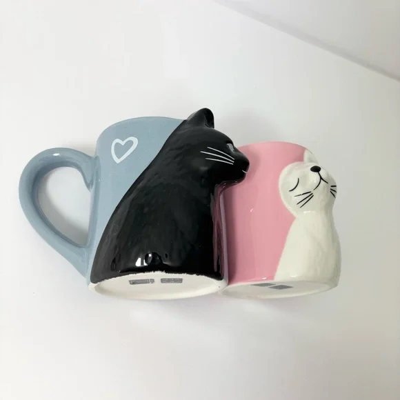 Kiss Cat Coffee Couple Mug Set, Unique Funny Tea Ceramic Cup Set